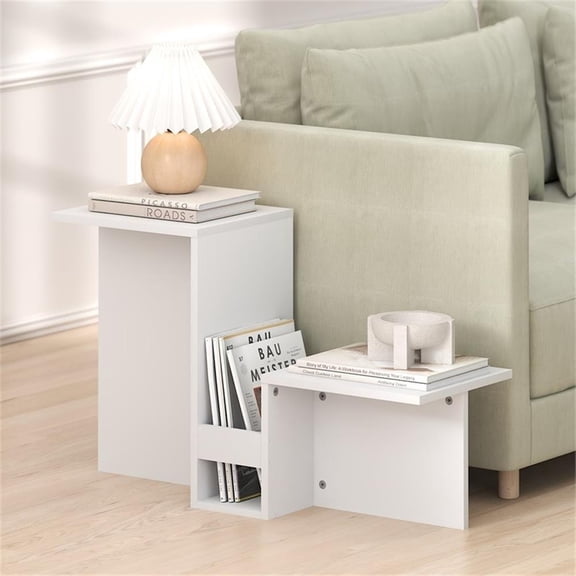 Pemberly Row Valley-Shaped End Table with Tiered Shelves in White