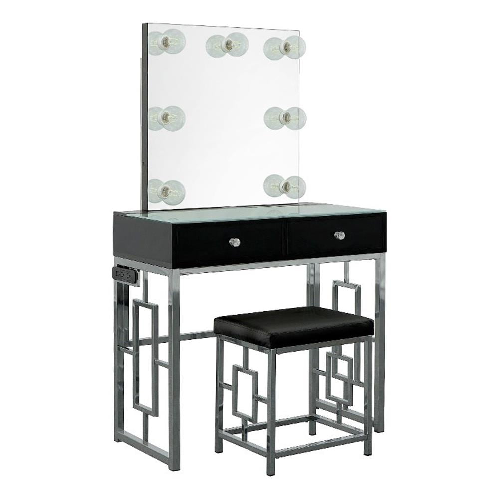 Black and Chrome Vanity Table with Mirror and Stool