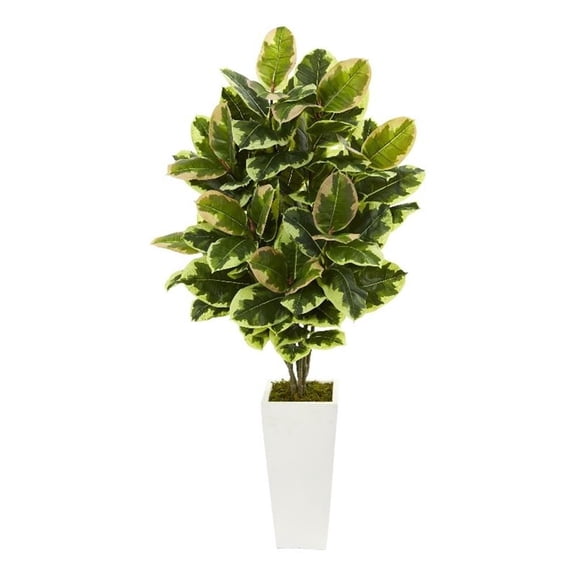 Pemberly Row Variegated Rubber Leaf Artificial Plant in White Tower Vase