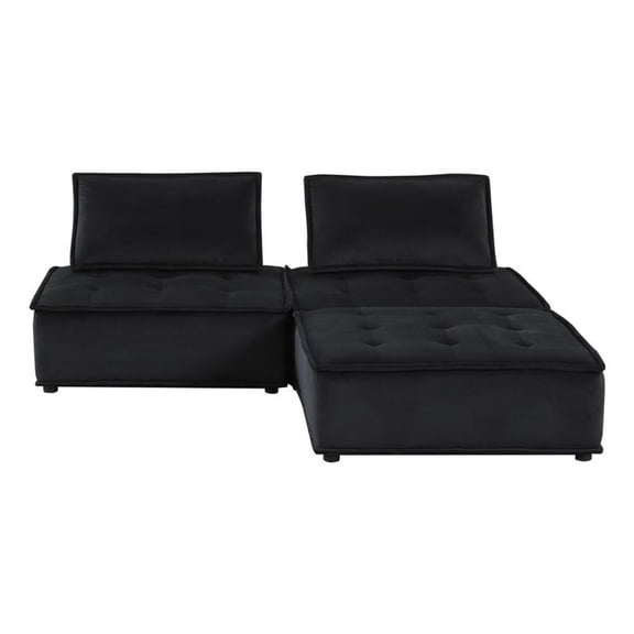 Pemberly Row Velvet 3-Piece Sectional Loveseat Ottoman in Black