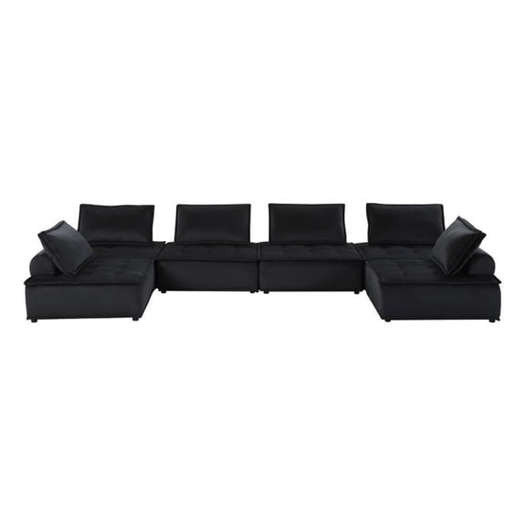 Pemberly Row Velvet 6-Seater U-Shape Modular Sectional Sofa in Black Finish
