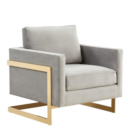 Pemberly Row Velvet Accent Arm Chair With Gold Frame in Light Grey