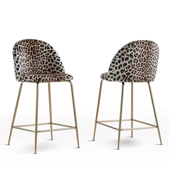 Pemberly Row Velvet Bar Stools in Yellow Leopard Print (Set of 2)