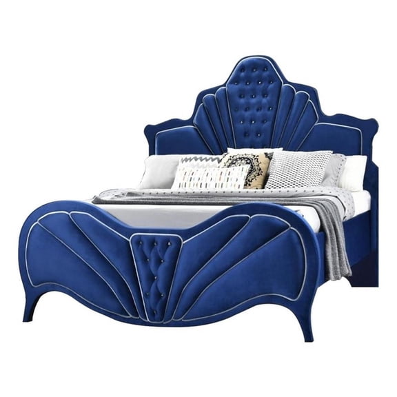 Pemberly Row Velvet Channel Tufted Eastern King Bed with 13 Slats in Blue