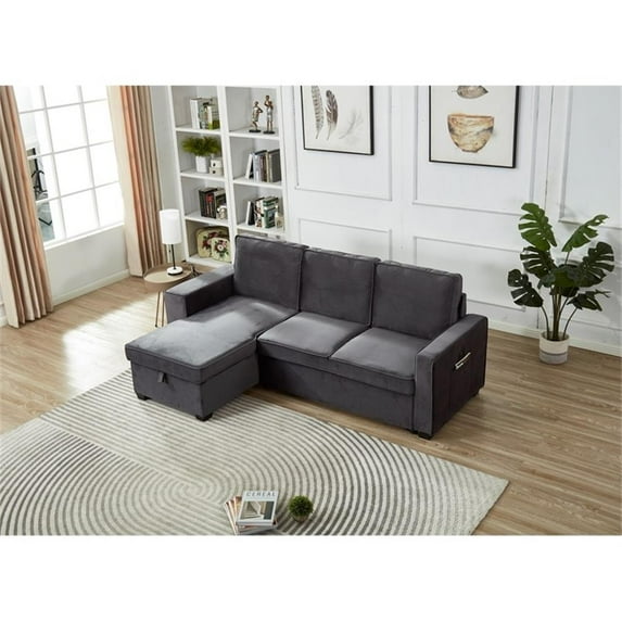 Pemberly Row Velvet Reversible Sleeper Sectional With USB in Gray