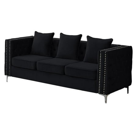 Pemberly Row Velvet Sofa Modern Couch with Button-Tufted Metal Legs Black