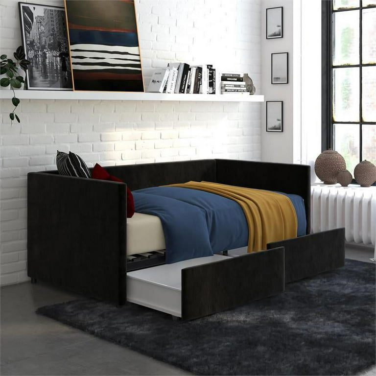 Black twin daybed with storage outlet