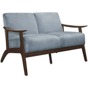 Pemberly Row Velvet Upholstered Loveseat in Blue Gray and Dark Walnut