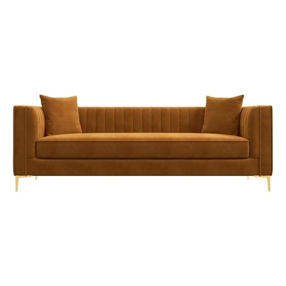 Pemberly Row Velvet Upholstered Square Arm Couch in Cognac Tan