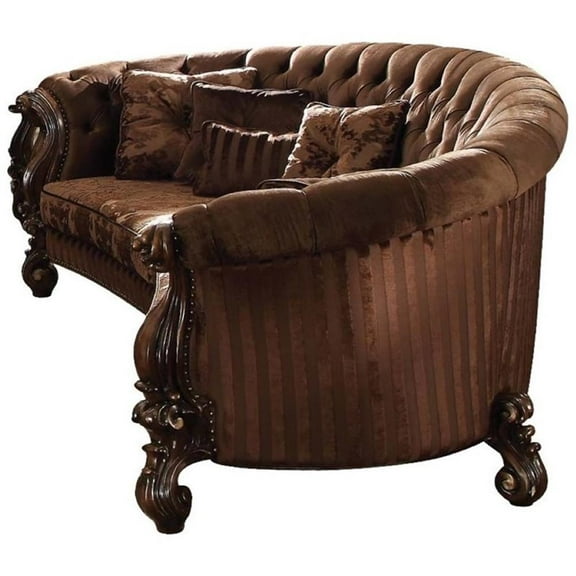 Pemberly Row Versailles Sofa with 5 Pillows in Brown Velvet and Cherry Oak