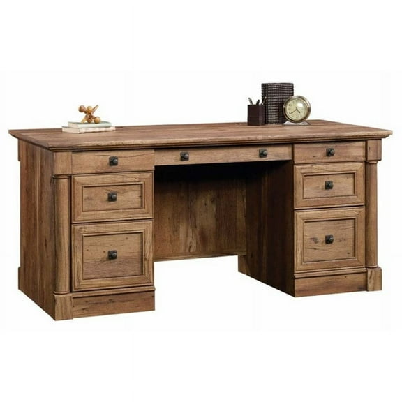 Pemberly Row Vintage Home Office Executive Desk with Large Drawers and Keyboard Panel in Vintage Oak