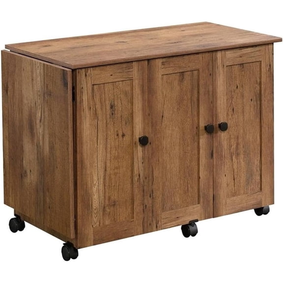 Pemberly Row Vintage Oak Rolling Kitchen Cart with Drop Leaf – Engineered Wood Storage Cart with Adjustable Shelves and Casters, 62.25" W x 19.5" D x 28.5" H