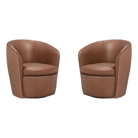 Pemberly Row Vintage Whiskey Italian Leather Swivel Club Chair Two Pack