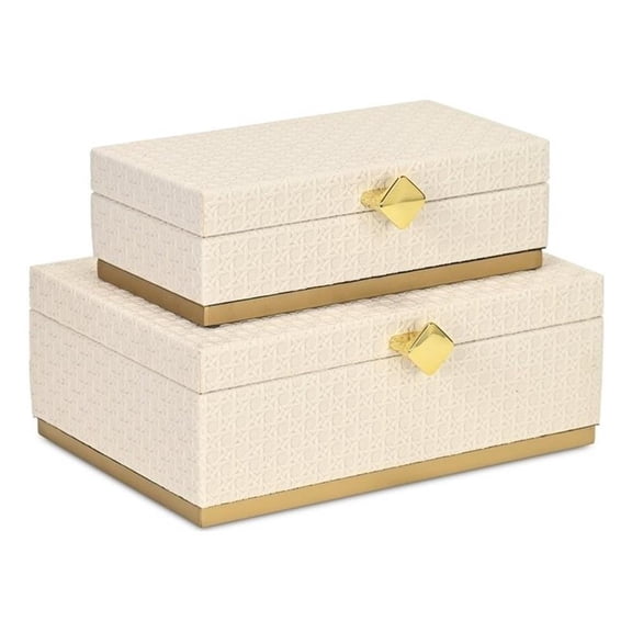 Pemberly Row Vinyl Rattan Rectangular Box Set of 2 in White with Gold Metal Base