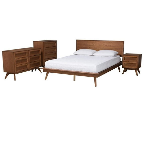 Pemberly Row Walnut Brown Wood and Rattan Full Size 4-Piece Bedroom Set