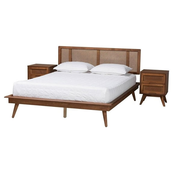 Pemberly Row Walnut Brown Wood and Rattan Queen Size 3-Piece Bedroom Set