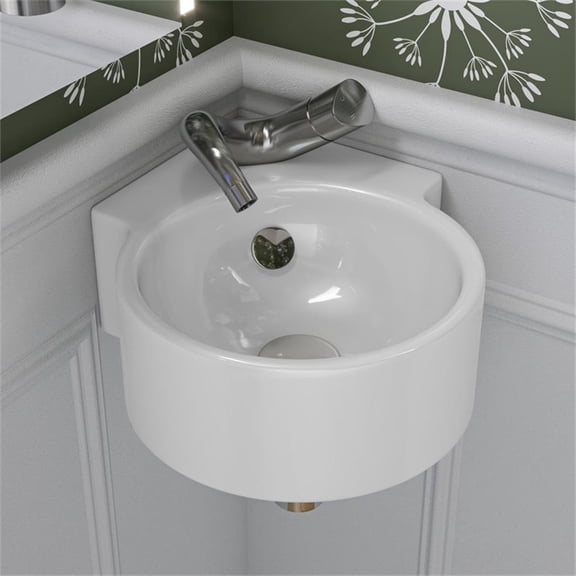 Pemberly Row White 17" Tiny Corner Wall Mounted Ceramic Sink with Faucet Hole