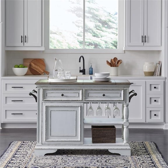 Pemberly Row White Bar Cart with Pewter Hardware and Adjustable Shelf