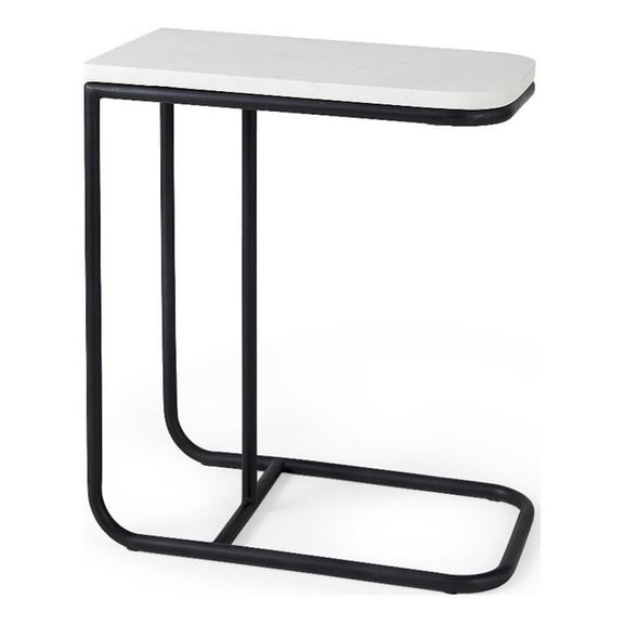 Pemberly Row White Marble Top Black Iron Frame C-Shaped Side Table
