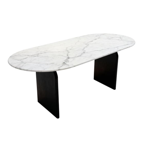 Pemberly Row White Marble Top Oval Dining Table with Solid Wood Base
