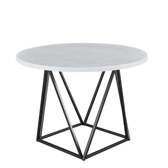 Pemberly Row White Marble Top Round Bronze Metal Base Dining Table