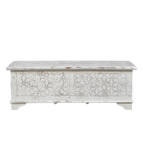 Pemberly Row White Solid Wood Storage Ottoman with Geometric Carved Design