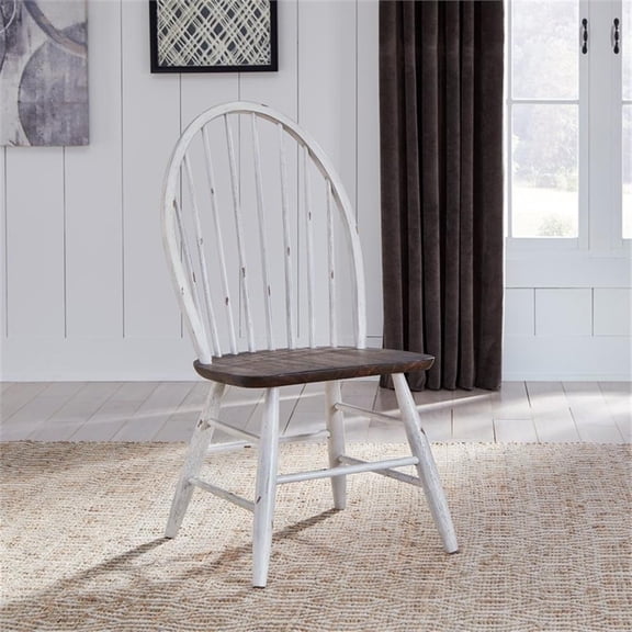 Pemberly Row White Windsor Back Side Chair Set of 2 Heavy Distressing