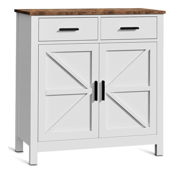 Pemberly Row White Wood Cabinet with Rustic Oak Top and Storage Drawers