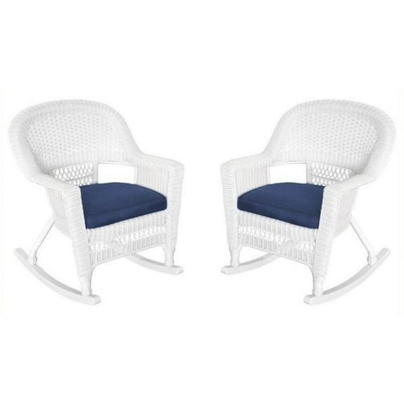 Pemberly Row Wicker Patio Rocker with Cushion in White and Blue (Set of 2)