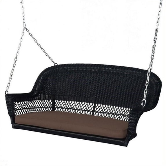 Pemberly Row Wicker Porch Swing in Black with Brown Cushion