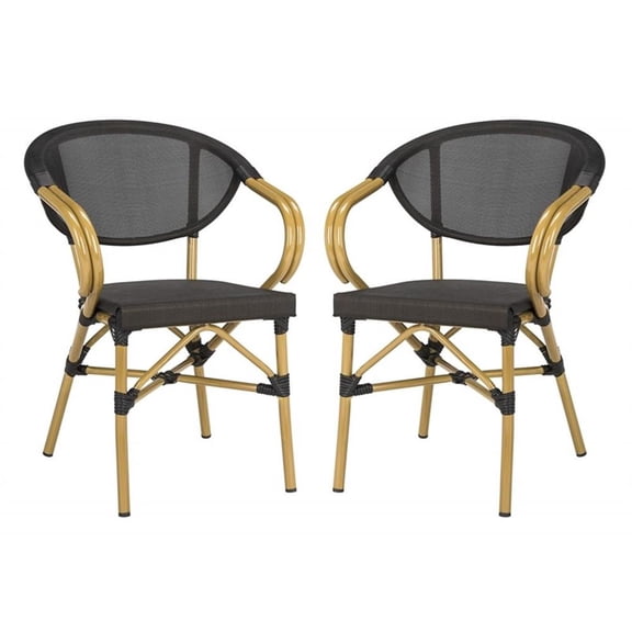 Pemberly Row Wicker / Rattan Outdoor Stacking Arm Chairs in Black (Set of 2)