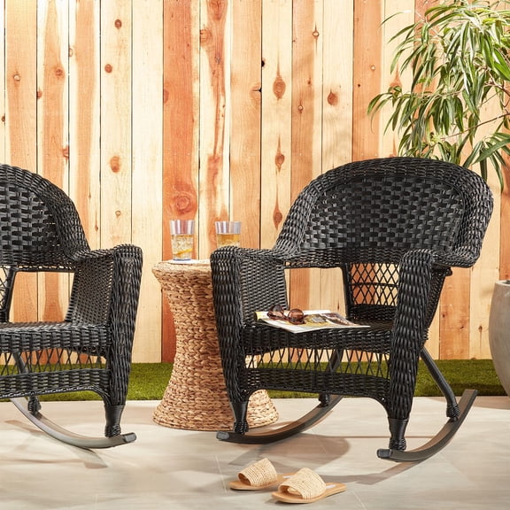 Pemberly Row Wicker Rocker Chair in Black (Set of 2)