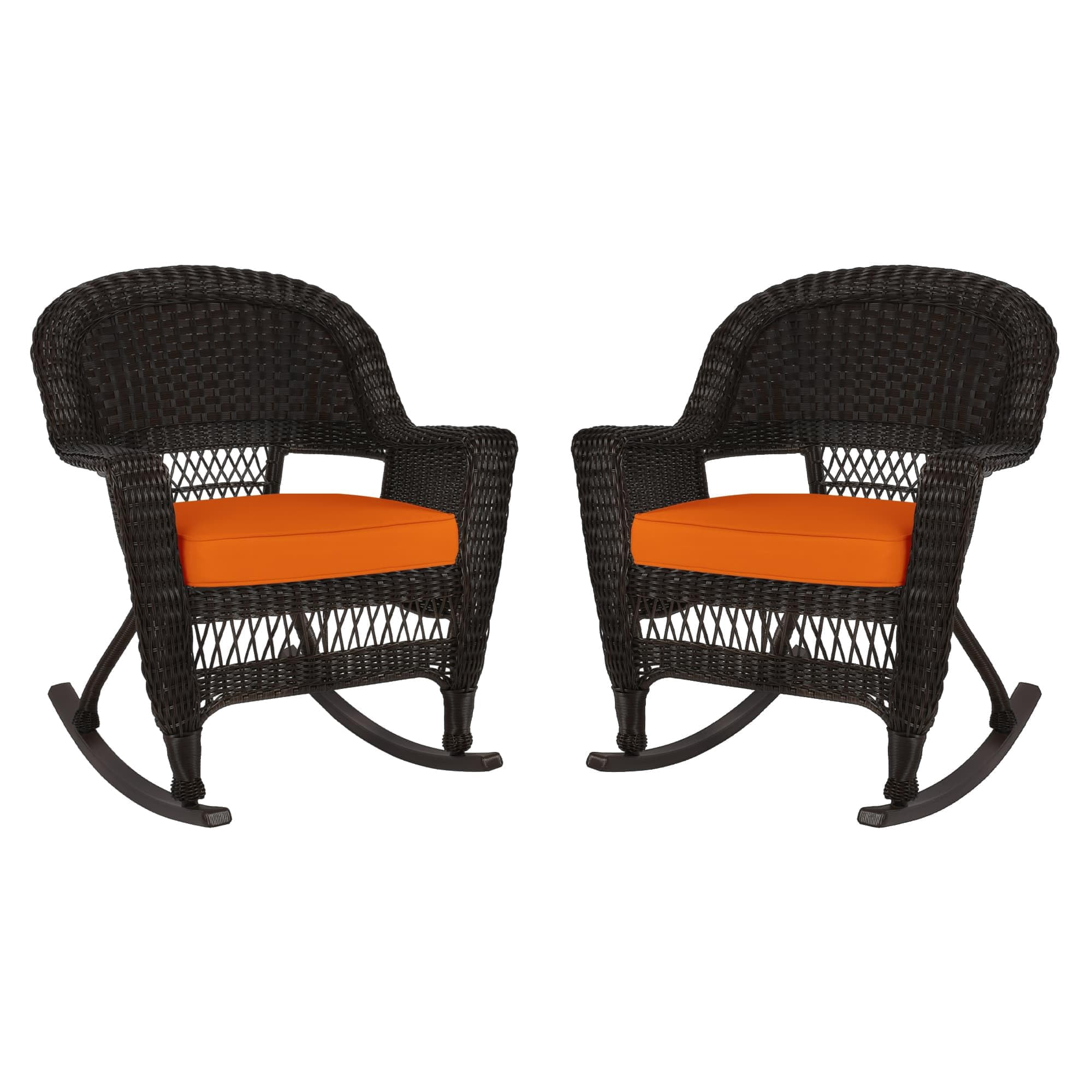 Pemberly Row Wicker Rocker Chair in Black with Orange Cushion (Set of 2 ...