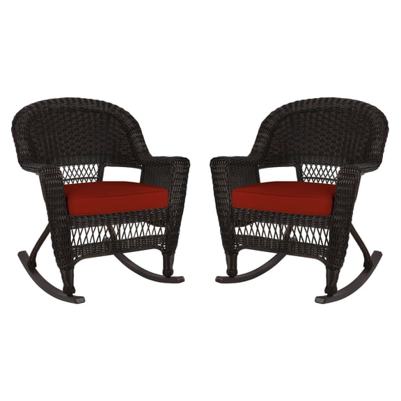 Pemberly Row Wicker Rocker Chair in Black with Red Cushion (Set of 2)