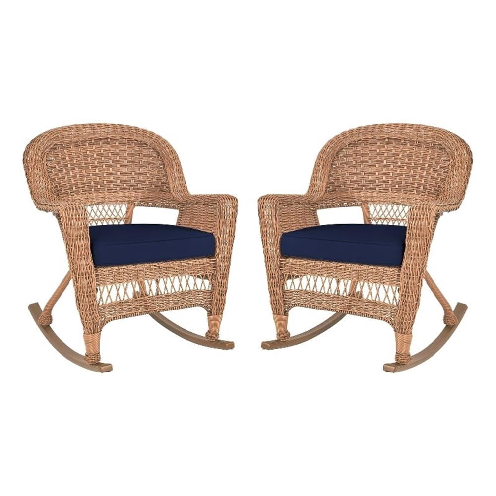Pemberly Row Wicker Rocker Chair in Honey with Blue Cushion (Set of 2 ...