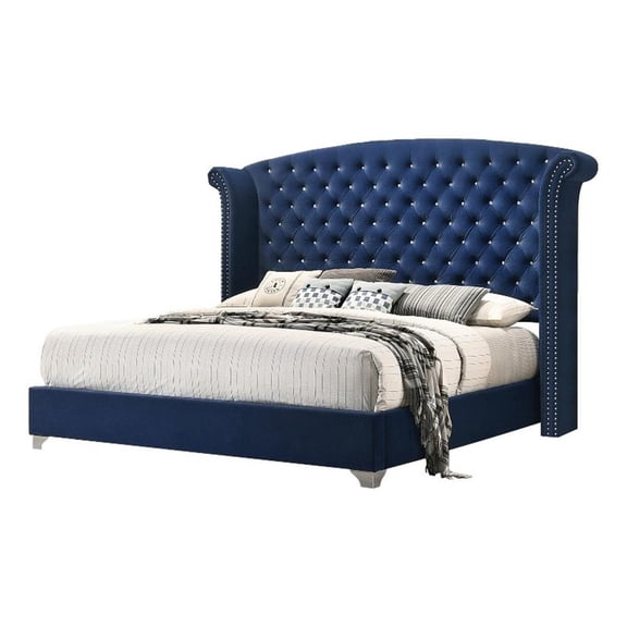 Pemberly Row Wingback Queen Bed w/ Acrylic Button Tufting in Pacific Blue Velvet