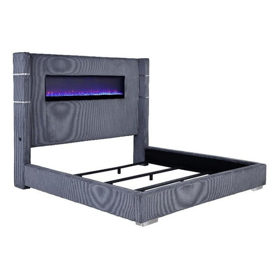 Pemberly Row Wingback Upholstered Fabric Eastern King Fireplace Bed Gray