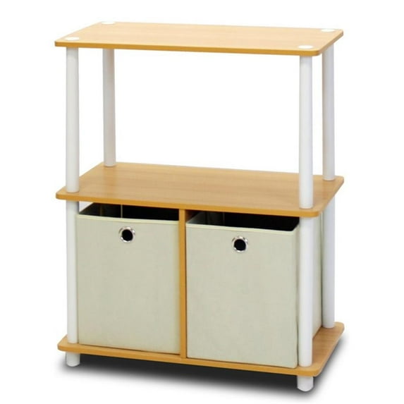 Pemberly Row Wood 3-Tier Storage Rack Shelving Unit w/Bins in Beech/Natural