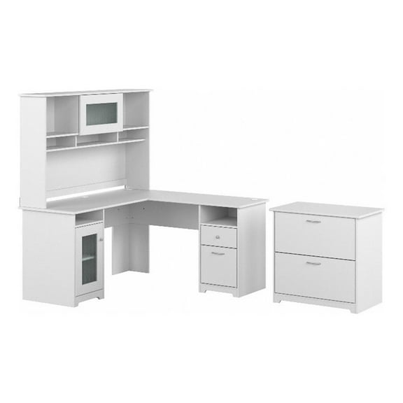 Pemberly Row Wood 60W L Desk w/ Hutch and Lateral File Cabinet - White