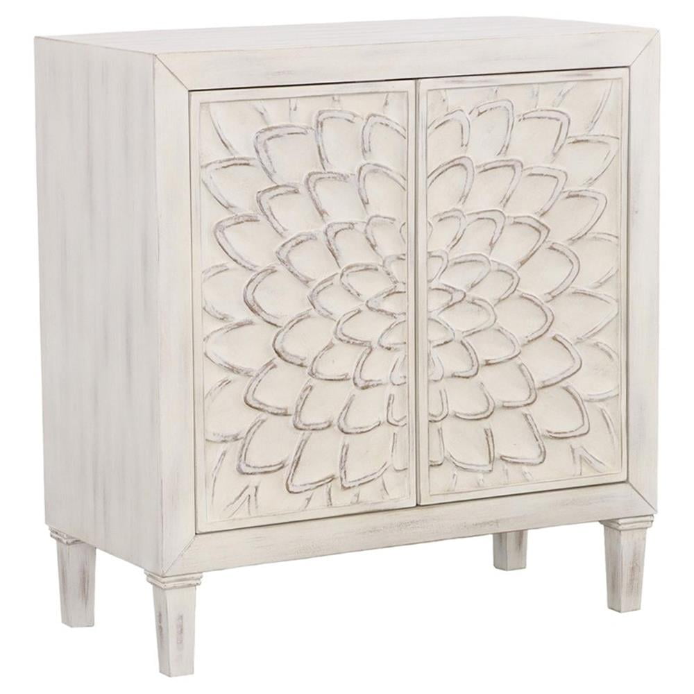 Distressed White Wood Cabinet with Floral Carved Panels