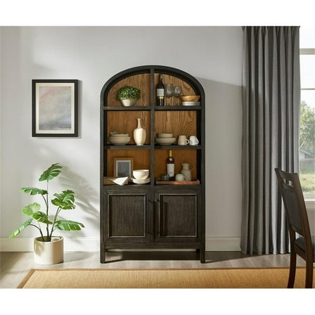Pemberly Row Wood Arched Display Cabinet/Bookcase Fully Assembled in Black