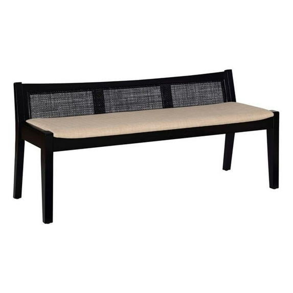 Pemberly Row Wood Bench Woven Cane Back Beige Padded Seat in Black Finish