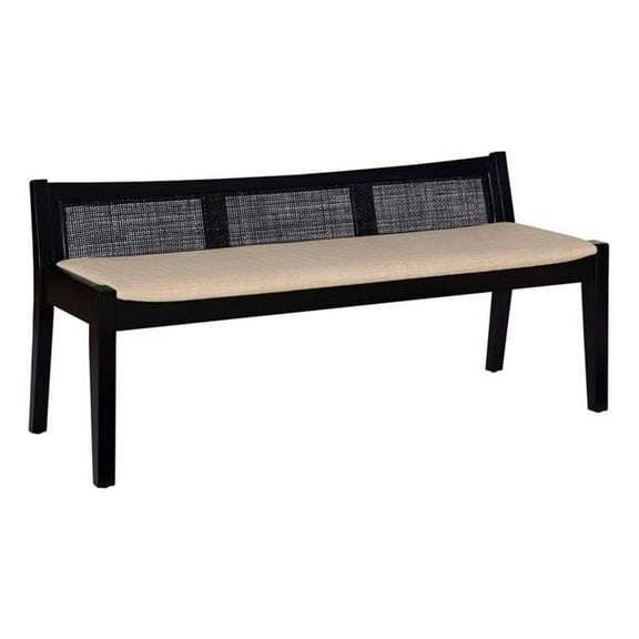 Pemberly Row Wood Bench Woven Cane Back Beige Padded Seat in Black Finish