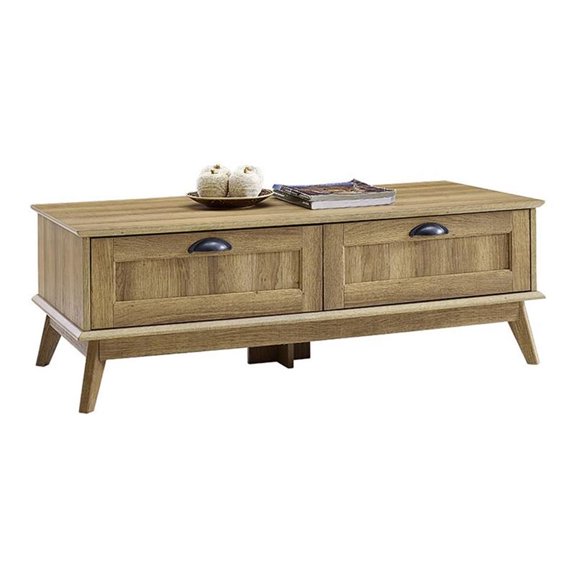 Pemberly Row Wood Center Coffee Table with 2 Drawers in Golden Oak
