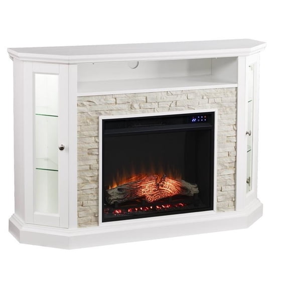 Pemberly Row Wood Corner Convertible Electric Fireplace in White