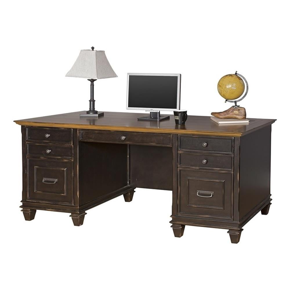 Pemberly Row Wood Double Pedestal Desk Office Desk Office Table Black