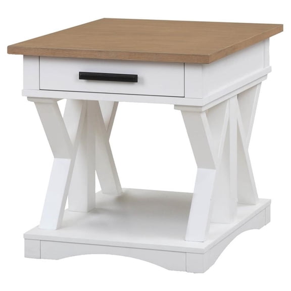 Pemberly Row Wood End Table with Drawer in White and Natural