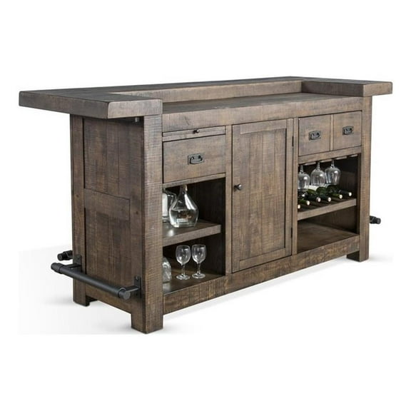 Pemberly Row Wood Home Bar with 4 Shelves and 3 Drawers in Tobacco Leaf