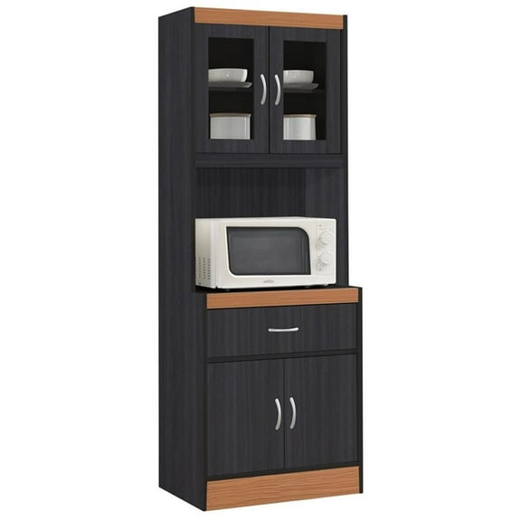 Pemberly Row Wood Kitchen China Cabinet with Hutch in Black/Beige