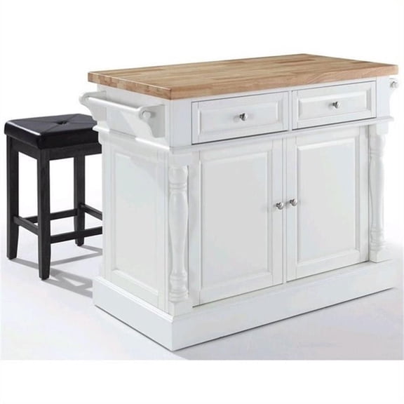 Pemberly Row Wood Kitchen Island with Square Stools in White